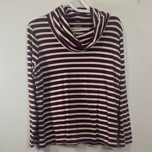 L.L. Bean Maroon and Cream Striped Cowl Neck Top